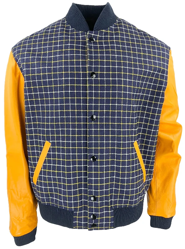 Marni Checked Varsity Jacket in Gold/Blue Marine