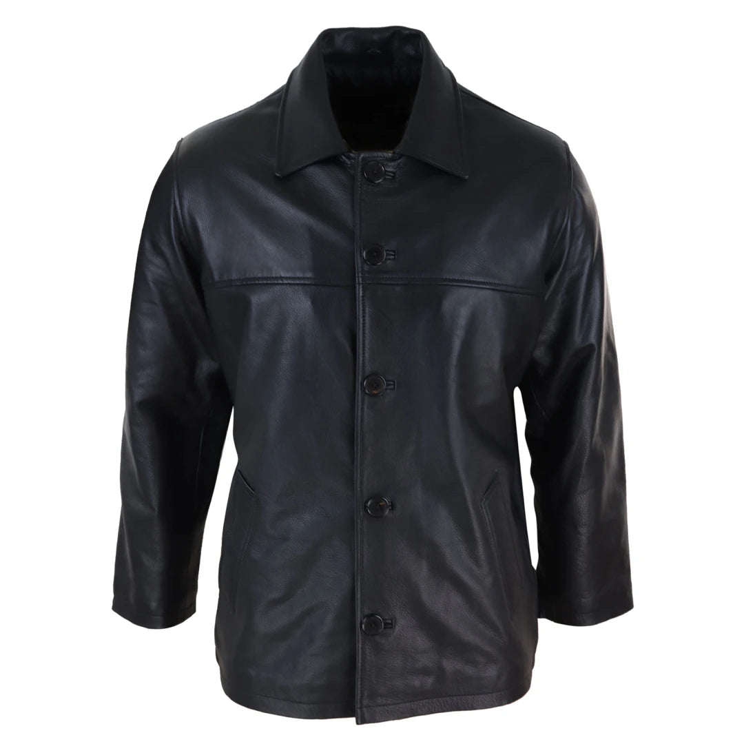 Men's Leather Jacket Button Box Black Brown Mid Length Classic Coat