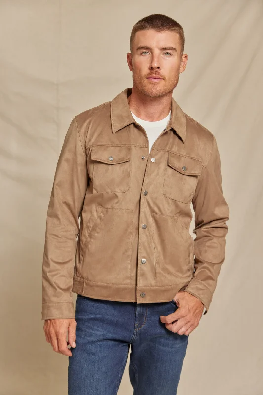 The Foley - Sherpa Fleeced Lined Microsuede Trucker Jacket - Saddle