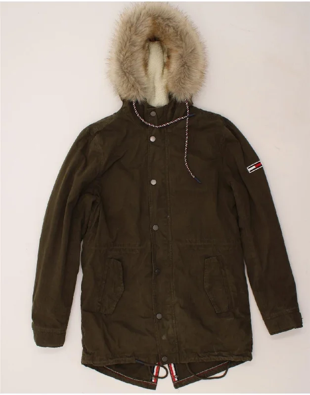 TOMMY HILFIGER Mens Hooded Parka Jacket UK 36 Small Khaki Cotton