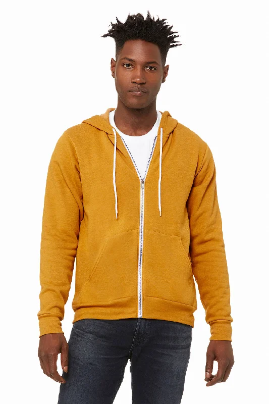 Bella + Canvas Mens Fleece Full Zip Hooded Sweatshirt Hoodie w/ Pockets - Heather Mustard Yellow