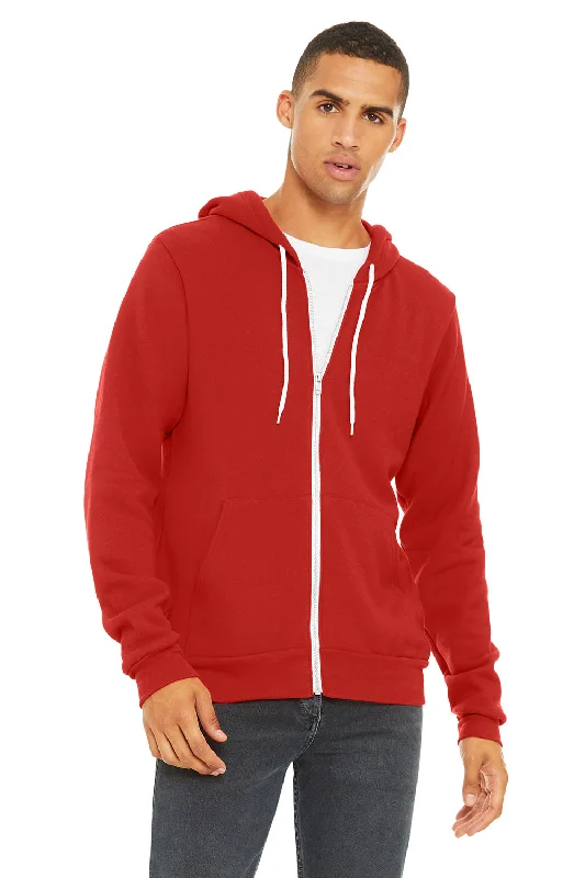 Bella + Canvas Mens Fleece Full Zip Hooded Sweatshirt Hoodie w/ Pockets - Red