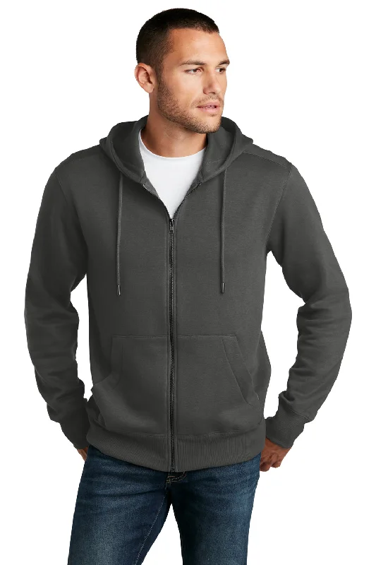 District Mens Perfect Weight Fleece Full Zip Hooded Sweatshirt Hoodie w/ Pockets - Charcoal Grey