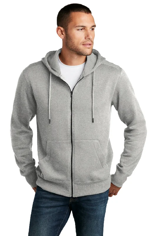 District Mens Perfect Weight Fleece Full Zip Hooded Sweatshirt Hoodie w/ Pockets - Heather Steel Grey