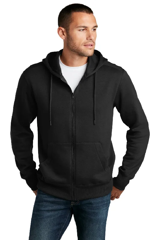 District Mens Perfect Weight Fleece Full Zip Hooded Sweatshirt Hoodie w/ Pockets - Jet Black