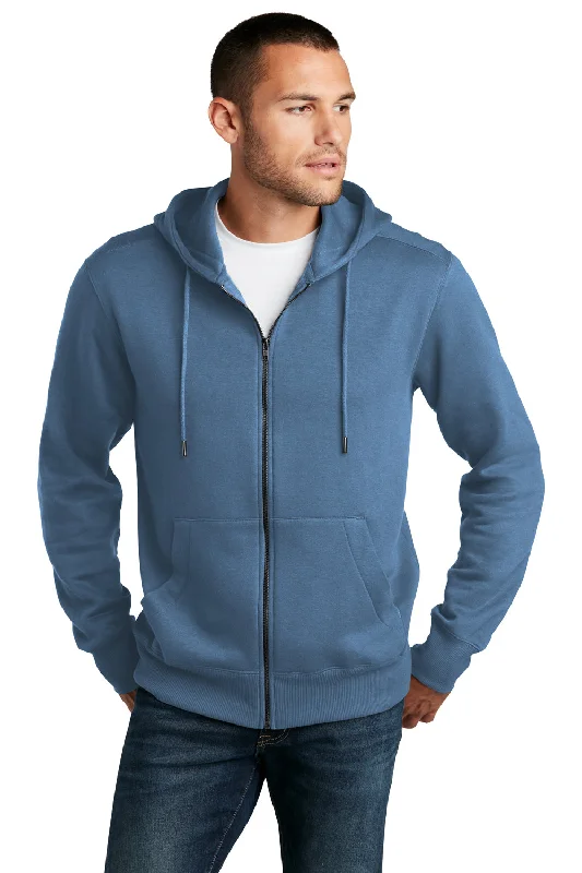 District Mens Perfect Weight Fleece Full Zip Hooded Sweatshirt Hoodie w/ Pockets - Maritime Blue