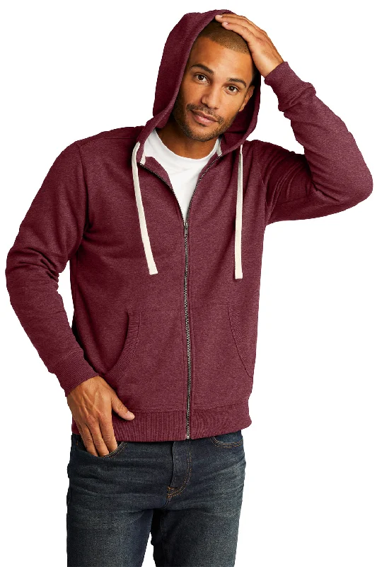 District Mens Re-Fleece Full Zip Hooded Sweatshirt Hoodie w/ Pockets - Heather Maroon