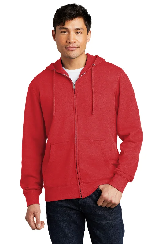 District Mens Very Important Fleece Full Zip Hooded Sweatshirt Hoodie w/ Pockets - Classic Red