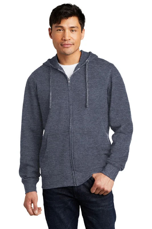 District Mens Very Important Fleece Full Zip Hooded Sweatshirt Hoodie w/ Pockets - Heather Navy Blue