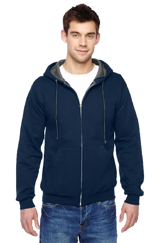 Fruit Of The Loom Mens Softspun Full Zip Hooded Sweatshirt Hoodie w/ Pockets - Navy Blue - Closeout