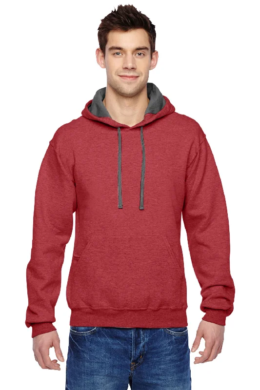 Fruit Of The Loom Mens Softspun Hooded Sweatshirt Hoodie w/ Pouch Pocket - Heather Brick Red