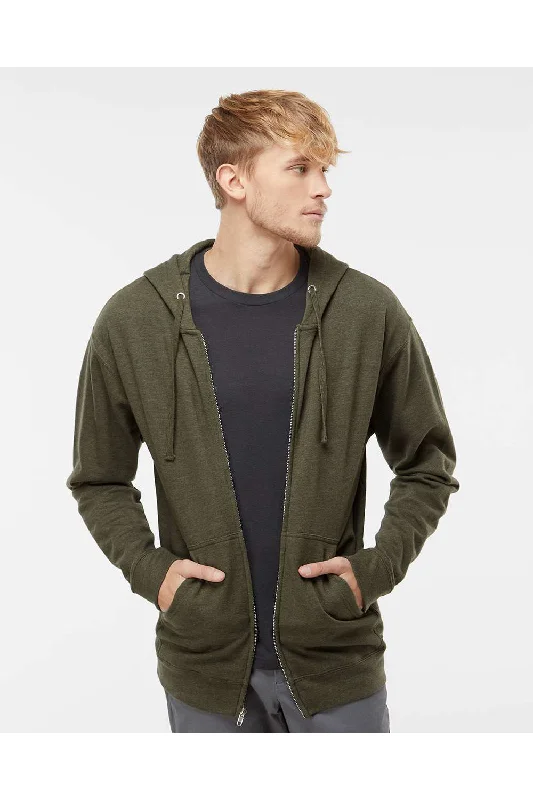 Independent Trading Co. Mens Full Zip Hooded Sweatshirt Hoodie w/ Pockets - Heather Army Green