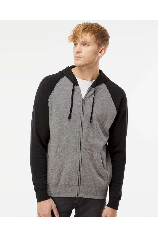 Independent Trading Co. Mens Special Blend Raglan Full Zip Hooded Sweatshirt Hoodie w/ Pockets - Heather Nickel Grey/Black