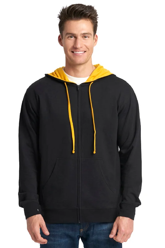 Next Level Mens French Terry Fleece Full Zip Hooded Sweatshirt Hoodie w/ Pockets - Black/Gold - Closeout