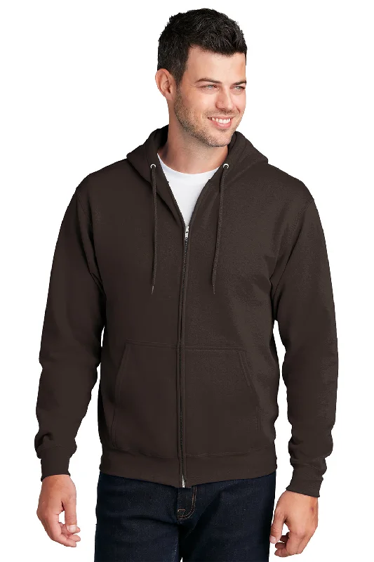 Port & Company Mens Core Pill Resistant Fleece Full Zip Hooded Sweatshirt Hoodie w/ Pockets - Dark Chocolate Brown