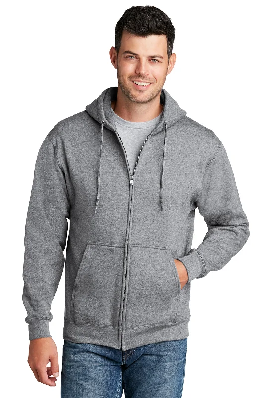 Port & Company Mens Core Pill Resistant Fleece Full Zip Hooded Sweatshirt Hoodie w/ Pockets - Heather Grey