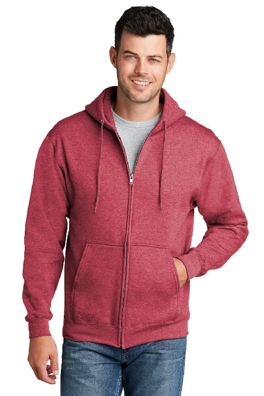 Port & Company Mens Core Pill Resistant Fleece Full Zip Hooded Sweatshirt Hoodie w/ Pockets - Heather Red