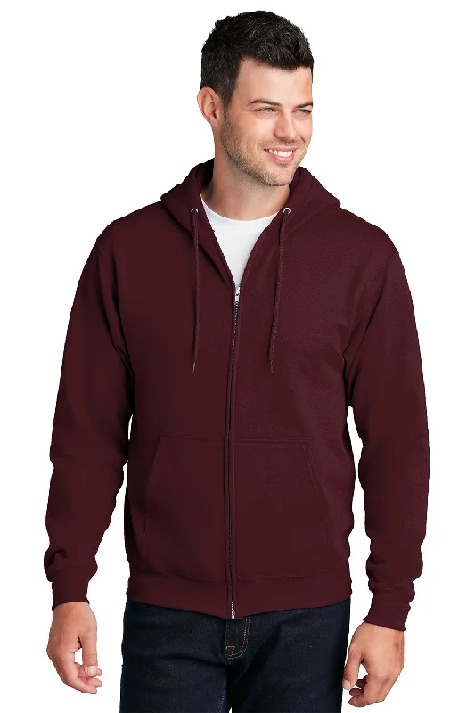 Port & Company Mens Core Pill Resistant Fleece Full Zip Hooded Sweatshirt Hoodie w/ Pockets - Maroon