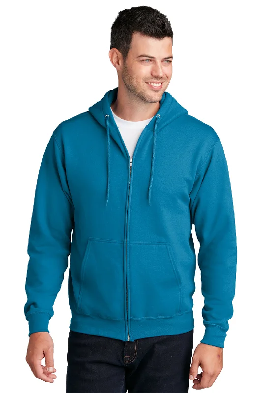 Port & Company Mens Core Pill Resistant Fleece Full Zip Hooded Sweatshirt Hoodie w/ Pockets - Neon Blue