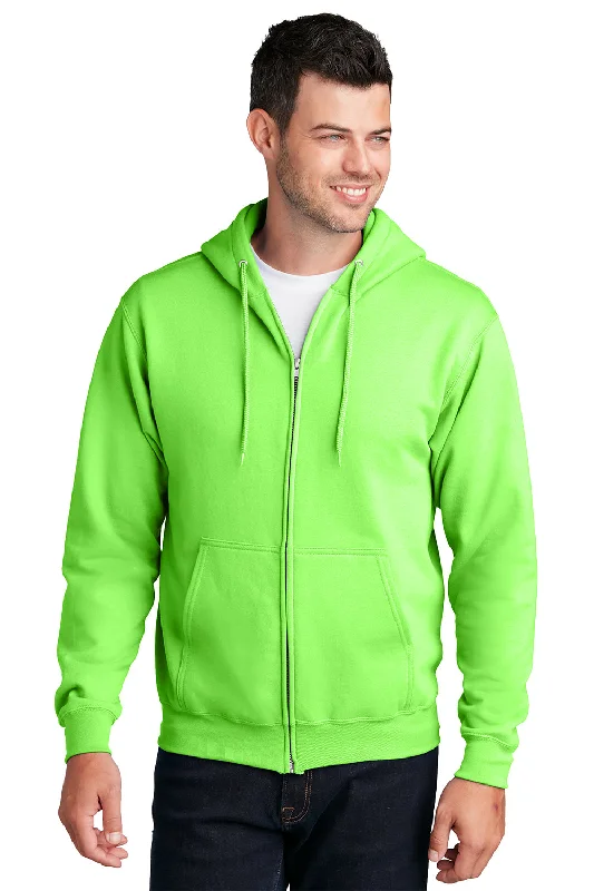 Port & Company Mens Core Pill Resistant Fleece Full Zip Hooded Sweatshirt Hoodie w/ Pockets - Neon Green