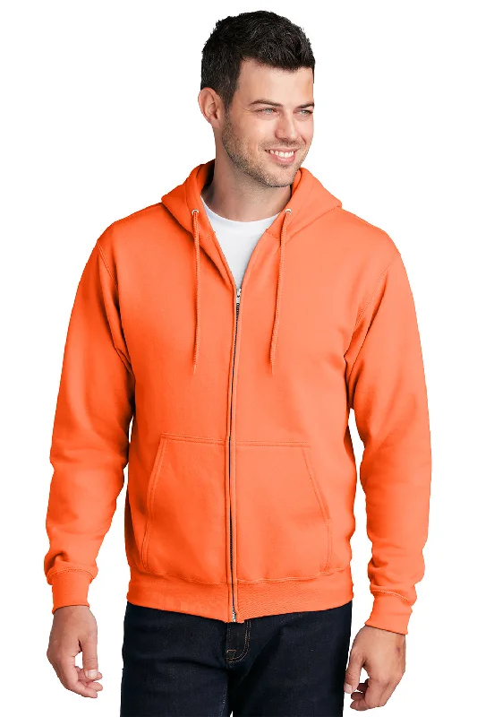 Port & Company Mens Core Pill Resistant Fleece Full Zip Hooded Sweatshirt Hoodie w/ Pockets - Neon Orange