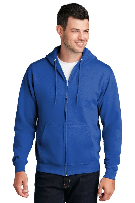 Port & Company Mens Core Pill Resistant Fleece Full Zip Hooded Sweatshirt Hoodie w/ Pockets - Royal Blue