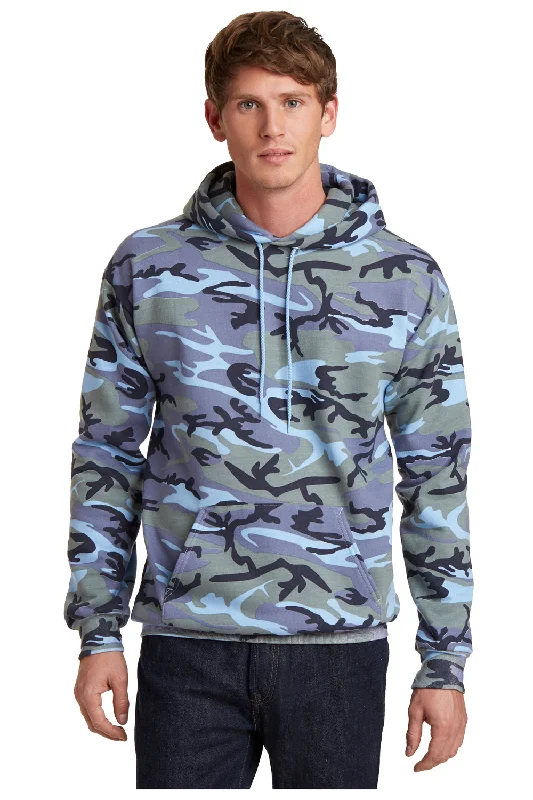 Port & Company Mens Core Pill Resistant Fleece Hooded Sweatshirt Hoodie w/ Pouch Pocket - Woodland Blue Camo