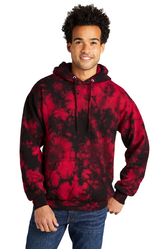 Port & Company Mens Crystal Tie-Dye Hooded Sweatshirt Hoodie w/ Pouch Pocket - Black/Red