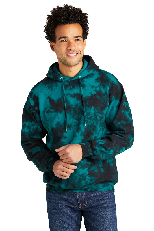 Port & Company Mens Crystal Tie-Dye Hooded Sweatshirt Hoodie w/ Pouch Pocket - Black/Teal