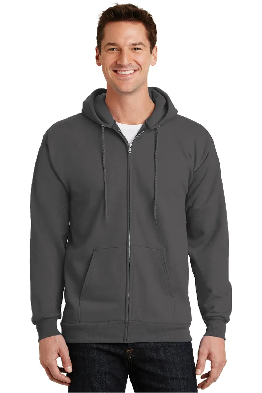 Port & Company Mens Essential Pill Resistant Fleece Full Zip Hooded Sweatshirt Hoodie w/ Pockets - Charcoal Grey