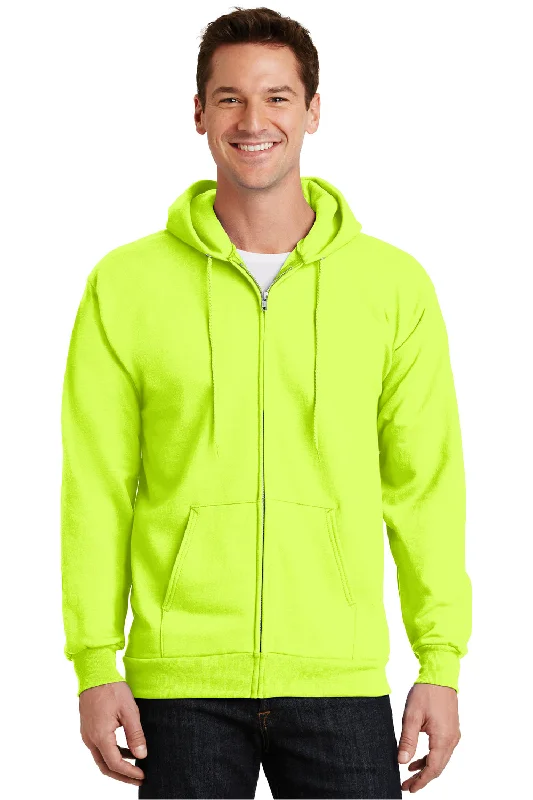 Port & Company Mens Essential Pill Resistant Fleece Full Zip Hooded Sweatshirt Hoodie w/ Pockets - Safety Green