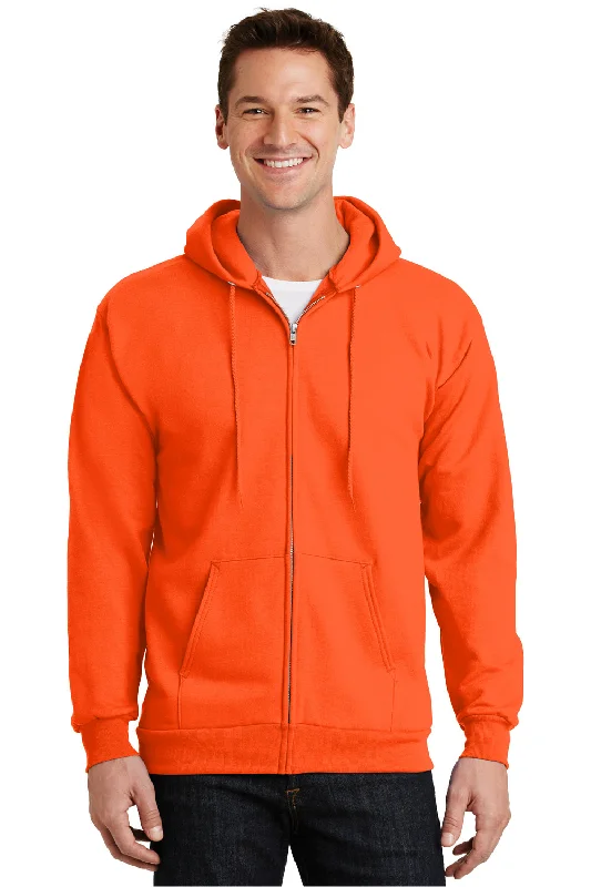 Port & Company Mens Essential Pill Resistant Fleece Full Zip Hooded Sweatshirt Hoodie w/ Pockets - Safety Orange