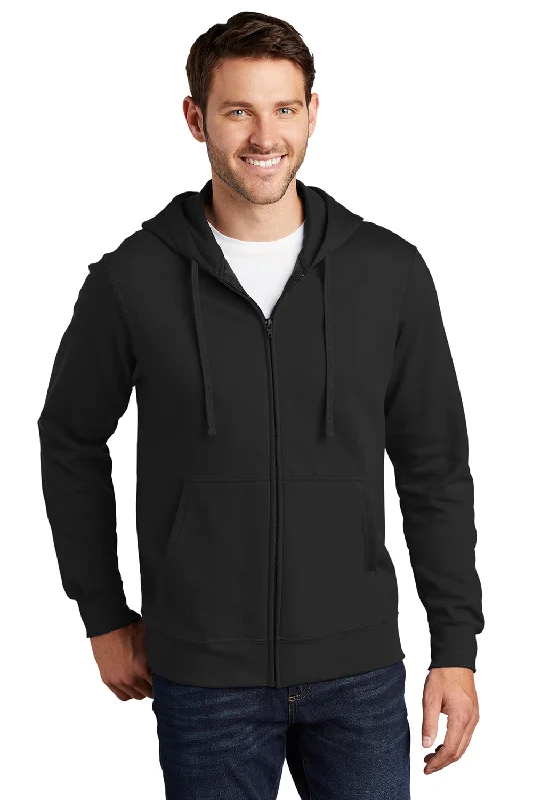 Port & Company Mens Fan Favorite Fleece Full Zip Hooded Sweatshirt Hoodie w/ Pockets - Jet Black