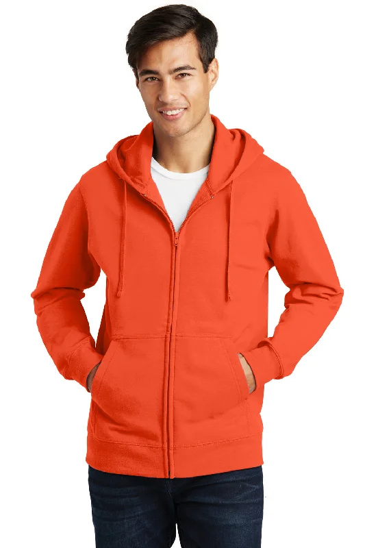 Port & Company Mens Fan Favorite Fleece Full Zip Hooded Sweatshirt Hoodie w/ Pockets - Orange - Closeout