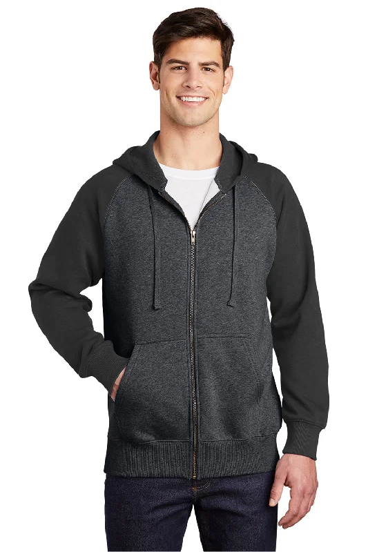 Sport-Tek Mens Shrink Resistant Fleece Full Zip Hooded Sweatshirt Hoodie w/ Pockets - Heather Graphite Grey/Black