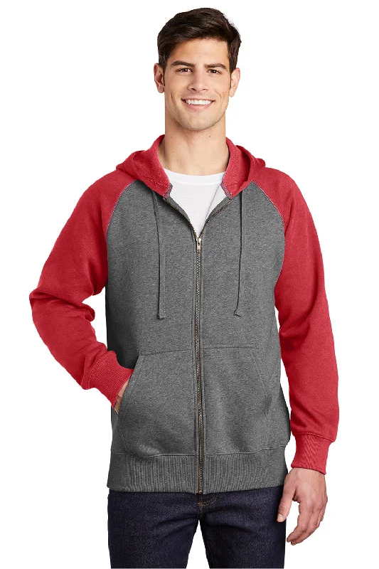 Sport-Tek Mens Shrink Resistant Fleece Full Zip Hooded Sweatshirt Hoodie w/ Pockets - Heather Vintage Grey/True Red