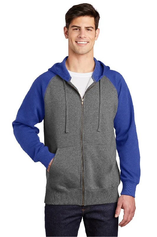 Sport-Tek Mens Shrink Resistant Fleece Full Zip Hooded Sweatshirt Hoodie w/ Pockets - Heather Vintage Grey/True Royal Blue