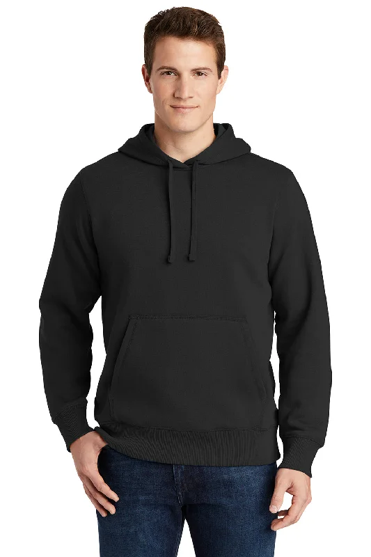 Sport-Tek Mens Shrink Resistant Fleece Hooded Sweatshirt Hoodie w/ Pouch Pocket - Black