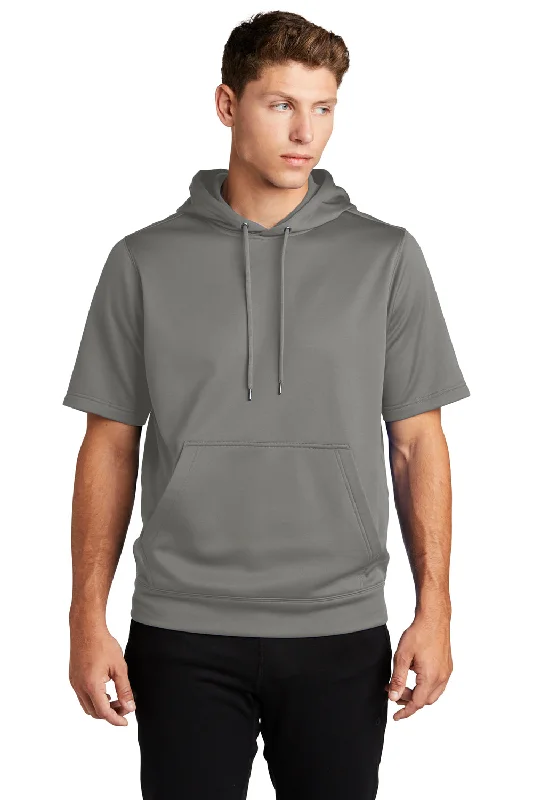 Sport-Tek Mens Moisture Wicking Fleece Short Sleeve Hooded Sweatshirt Hoodie w/ Pouch Pocket - Dark Smoke Grey