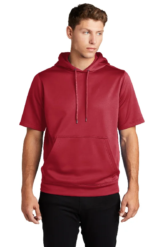 Sport-Tek Mens Moisture Wicking Fleece Short Sleeve Hooded Sweatshirt Hoodie w/ Pouch Pocket - Deep Red