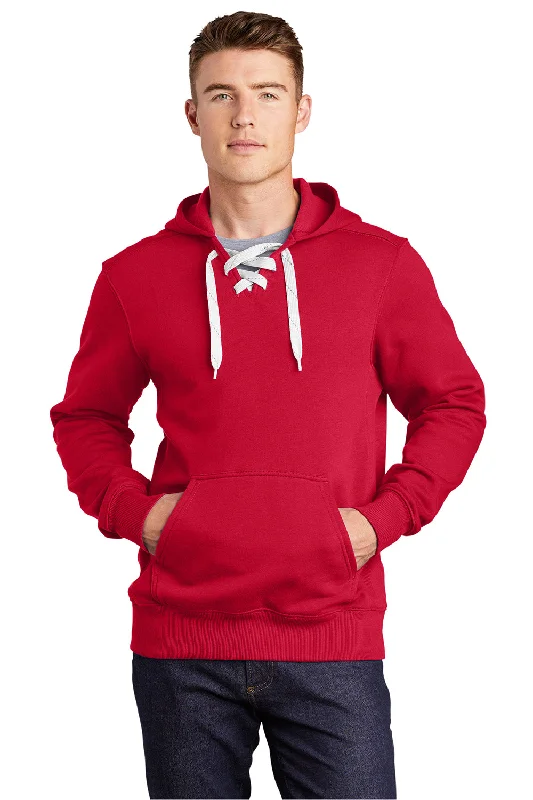 Sport-Tek Mens Lace Up Fleece Hooded Sweatshirt Hoodie w/ Pouch Pocket - Deep Red