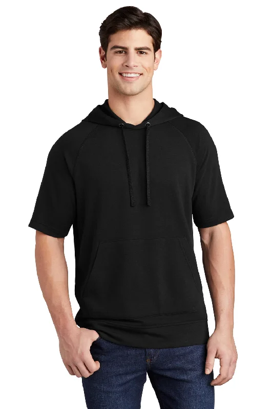 Sport-Tek Mens Moisture Wicking Fleece Short Sleeve Hooded Sweatshirt Hoodie w/ Pouch Pocket - Black