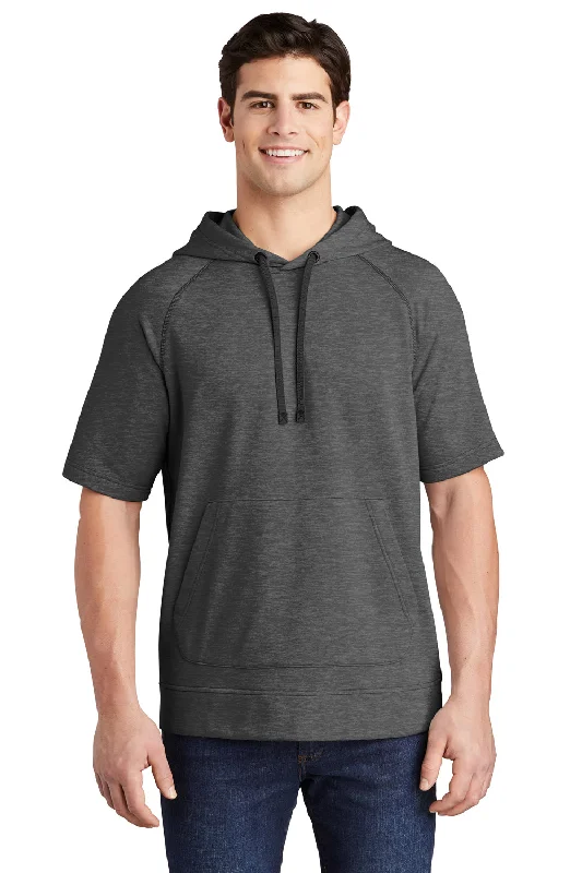 Sport-Tek Mens Moisture Wicking Fleece Short Sleeve Hooded Sweatshirt Hoodie w/ Pouch Pocket - Heather Dark Grey