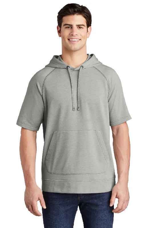 Sport-Tek Mens Moisture Wicking Fleece Short Sleeve Hooded Sweatshirt Hoodie w/ Pouch Pocket - Heather Light Grey