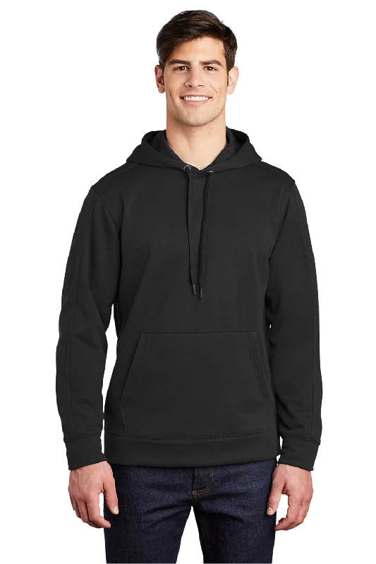 Sport-Tek Mens Repel Moisture Wicking Hooded Sweatshirt Hoodie w/ Pouch Pocket - Black