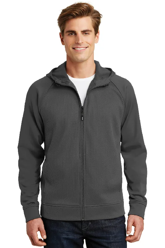 Sport-Tek Mens Rival Tech Moisture Wicking Fleece Full Zip Hooded Sweatshirt Hoodie w/ Pockets - Iron Grey - Closeout