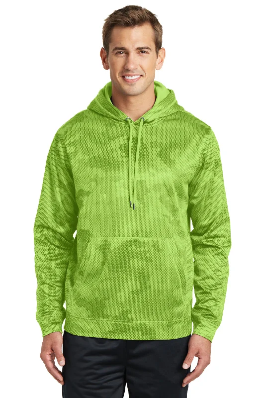 Sport-Tek Mens Sport-Wick CamoHex Moisture Wicking Fleece Hooded Sweatshirt Hoodie w/ Pouch Pocket - Lime Shock Green - Closeout