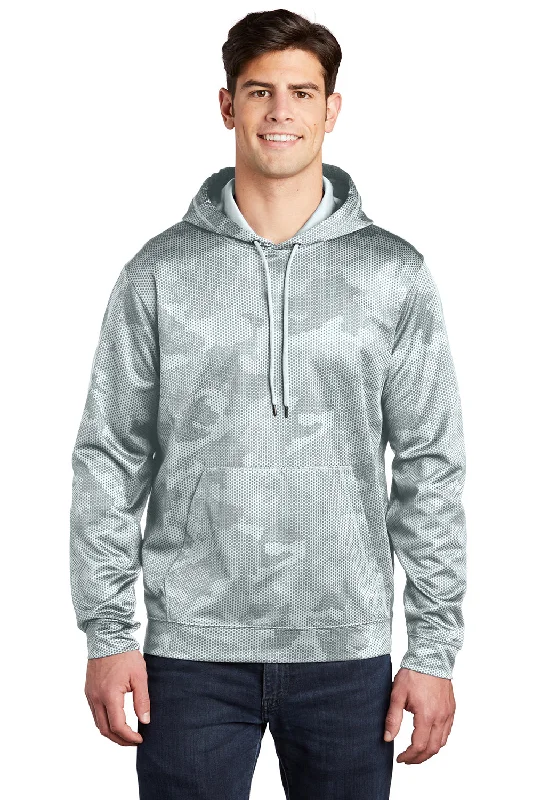 Sport-Tek Mens Sport-Wick CamoHex Moisture Wicking Fleece Hooded Sweatshirt Hoodie w/ Pouch Pocket - White