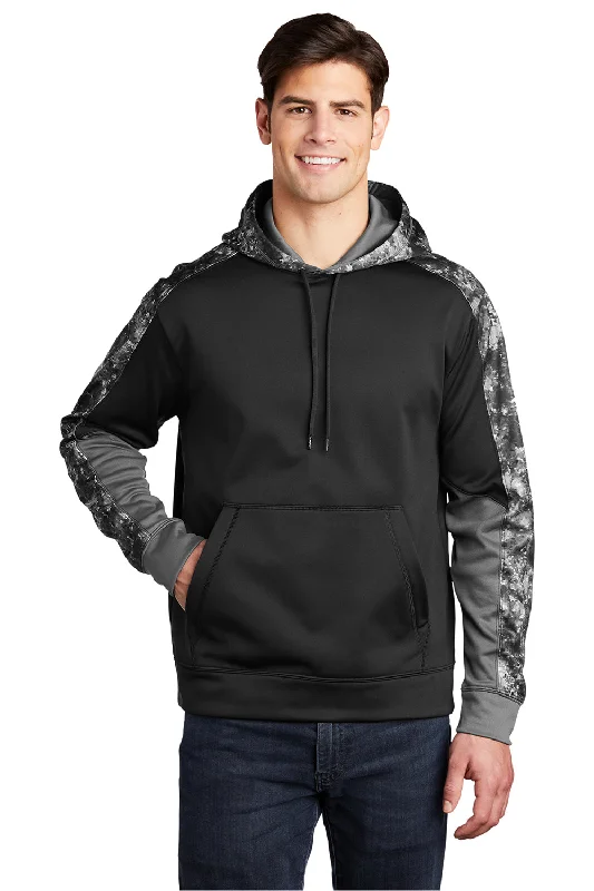 Sport-Tek Mens Sport-Wick Mineral Freeze Moisture Wicking Fleece Hooded Sweatshirt Hoodie w/ Pouch Pocket - Black