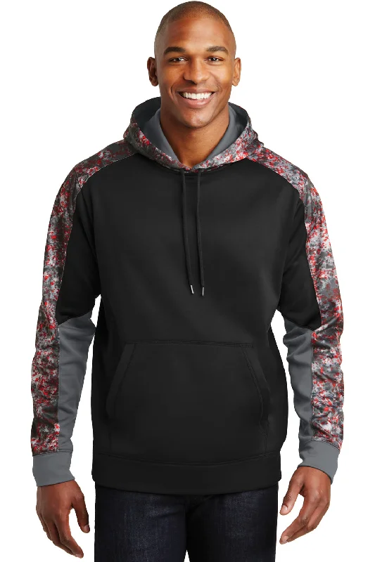 Sport-Tek Mens Sport-Wick Mineral Freeze Moisture Wicking Fleece Hooded Sweatshirt Hoodie w/ Pouch Pocket - Deep Red/Black - Closeout